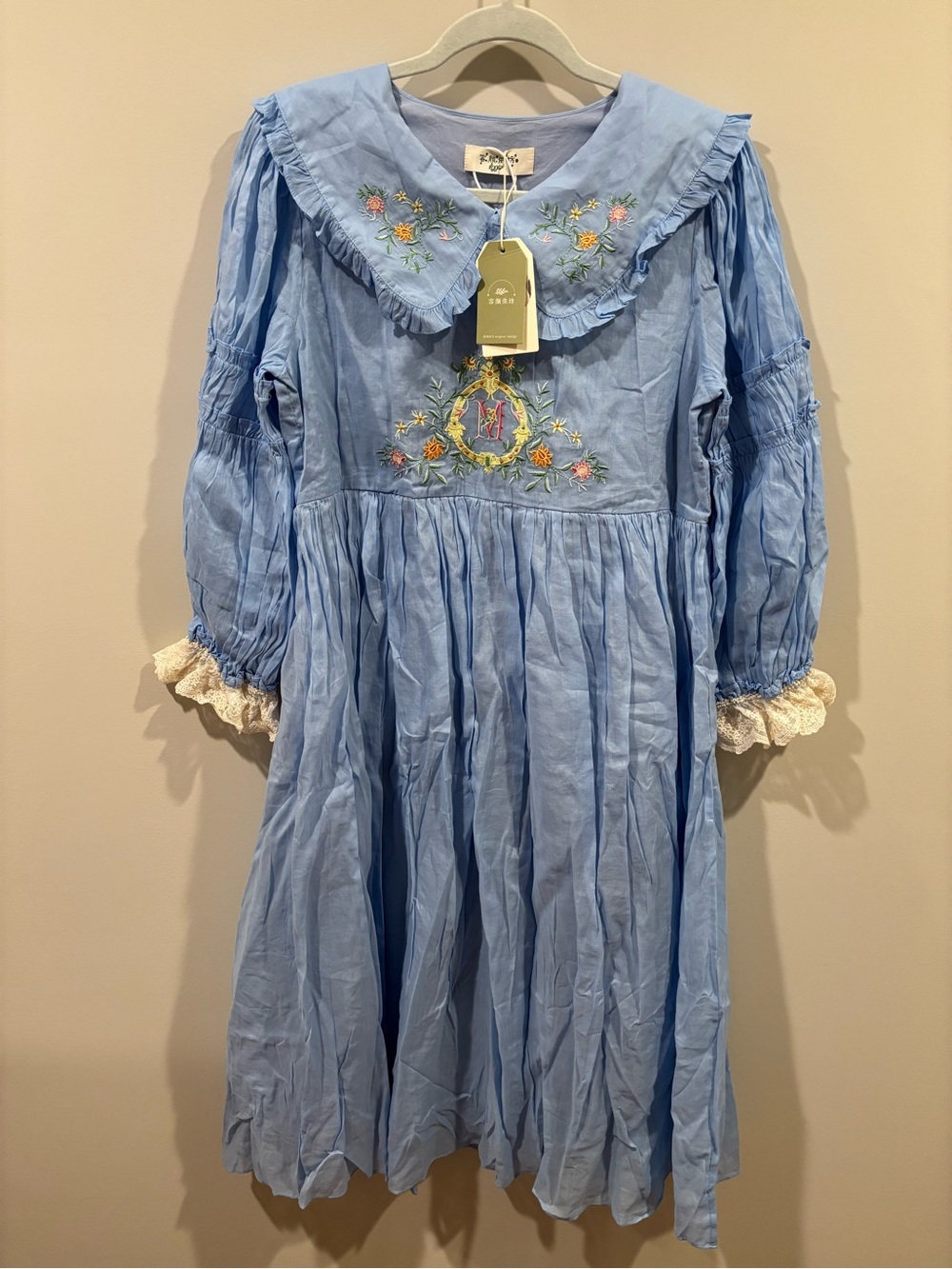 Light Blue Embroidered Ruffled Collar Dress